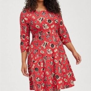 Torrid Red A-Line Dress with 3/4 Cuffed Sleeves